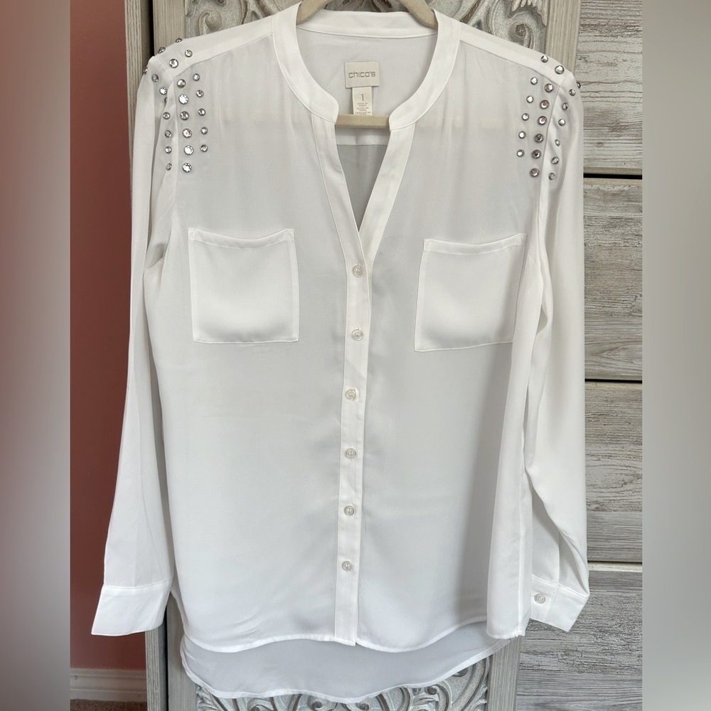 Chicos white button-down semi sheer blouse rhinestone bling glam party top 1